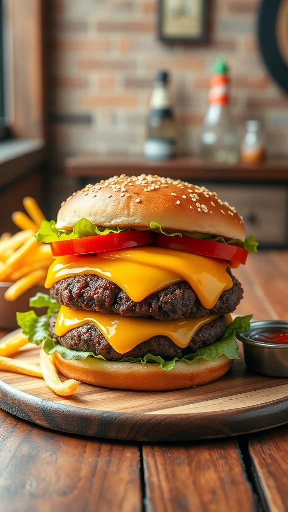 An 8-bit style hamburger with beef patty, cheese, lettuce, and tomatoes, served with fries and ketchup.